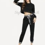 Women's Two Piece Outfit Long Sleeve Tops and Long Pants Tracksuit (Black)