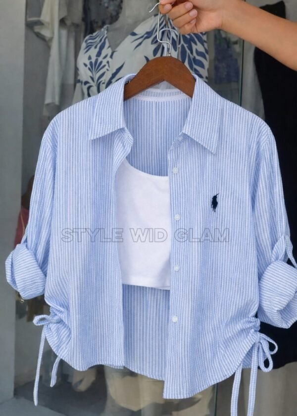 Premium Ladies Shirt with inner (Logo Printed) - Sky Blue Striped