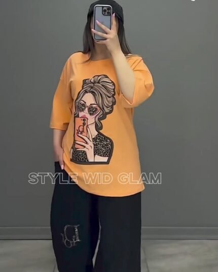 Quarter Sleeves Orange and Black Combined Co-ord Unisex Set (only T shirt and Pant)