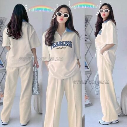 Dropped Shoulder High Collar Unisex Duo Set - Cream White Color (only T shirt and Pant)