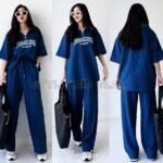 Dropped Shoulder High Collar Unisex Duo Set - Navy Color (only T shirt and Pant)