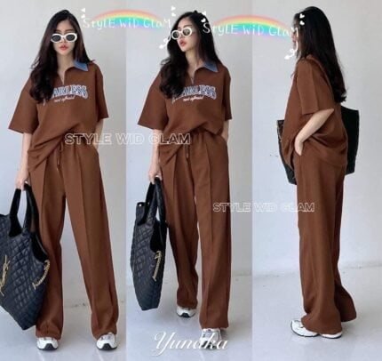 Dropped Shoulder High Collar Unisex Duo Set - Dark Brown Color (only T shirt and Pant)