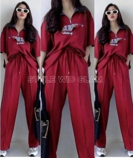 Dropped Shoulder High Collar Unisex Duo Set - Maroon Color (only T shirt and Pant)