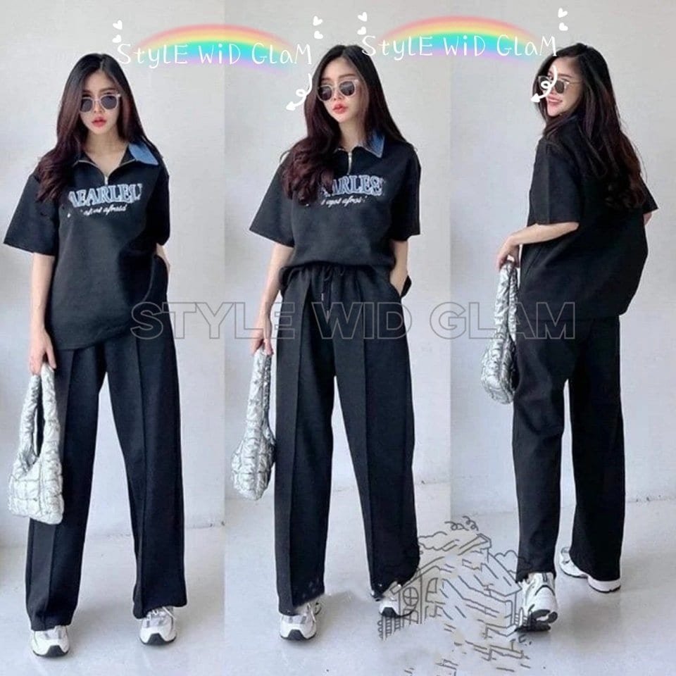 Dropped Shoulder High Collar Unisex Duo Set - Black Color (only T shirt and Pant)