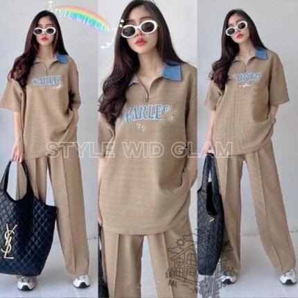 Dropped Shoulder High Collar Unisex Duo Set - Beige Color (only T shirt and Pant)