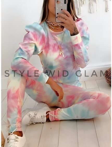 Premium Casual 2-piece Outfit Set Long Sleeve Tie-dye Print Top+Pant Set