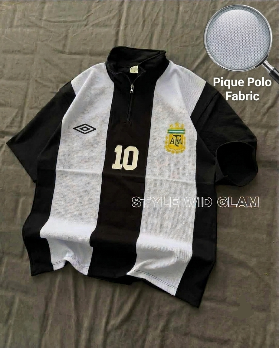 Argentina Short Sleeve Polo Premium Football Soccer Shirt (White and Black) (Logo printed)