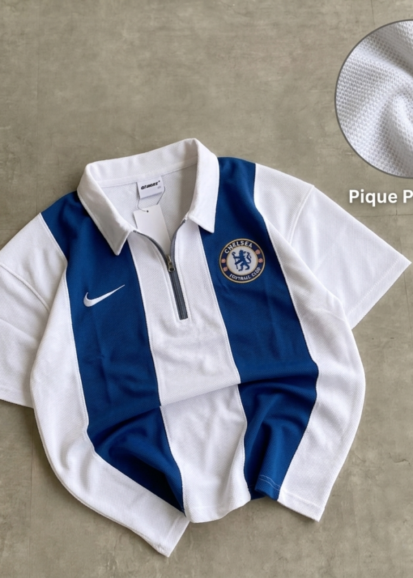 Chelsea Short Sleeve Polo Premium Football Soccer Shirt  (Navy and White) (Logo printed)