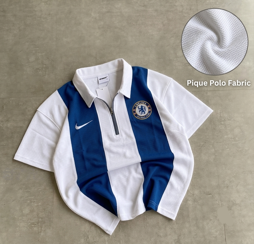 Chelsea Short Sleeve Polo Premium Football Soccer Shirt (Navy and White) (Logo printed)