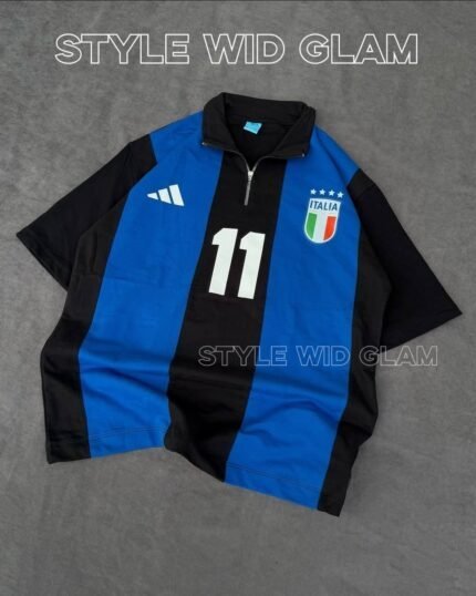 Italy Short Sleeve Polo Premium Football Soccer Shirt  (Black and Blue )