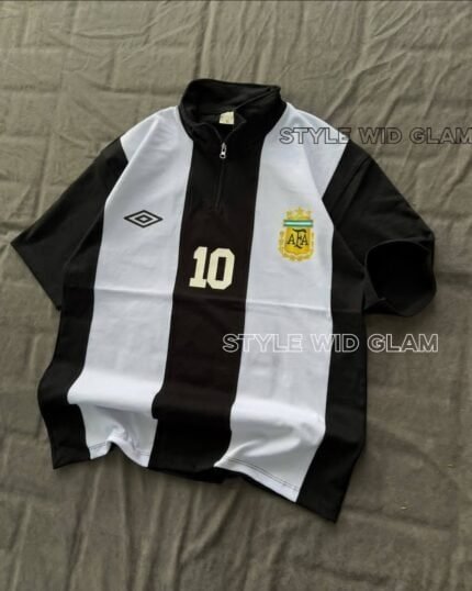 Argentina Short Sleeve Polo Premium Football Soccer Shirt  (White and Black)