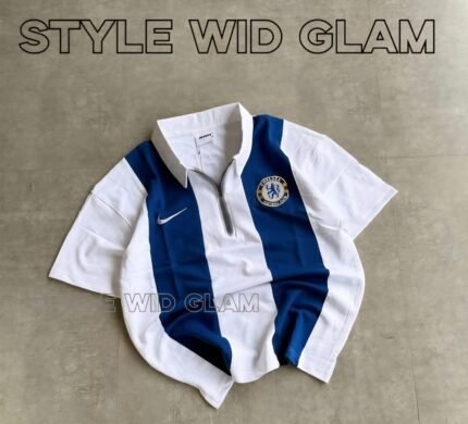 Chelsea Short Sleeve Polo Premium Football Soccer Shirt  (Navy and White)