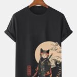 Men's Japanese Wave Cat Print Crew Neck Short Sleeve T-Shirts