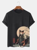 Men's Japanese Wave Cat Print Crew Neck Short Sleeve T-Shirts