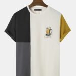 Men's Beers Print Color Block Patchwork Knit Short Sleeve T-Shirts