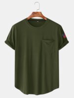 Men's Solid Color American Flag Sleeve Curved Hem T-Shirt With Pocket - Image 3