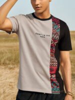 Men's Letter Ethnic Asymmetric Print Short Sleeve O Neck T-Shirts