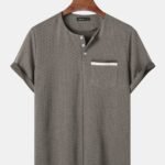 Men's Chevron Texture Half Button Collarless Short Sleeve T-Shirts