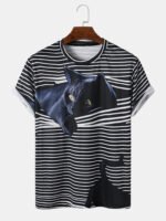 Men's 3D Striped Cat Printing Round Neck Casual Short Sleeve T-Shirt