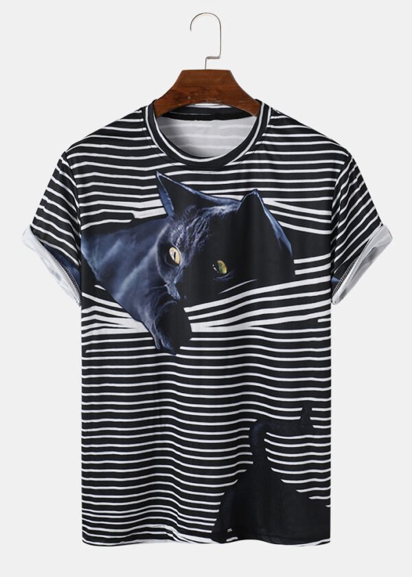 Men's 3D Striped Cat Printing Round Neck Casual Short Sleeve T-Shirt