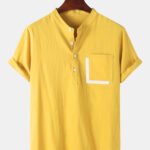 Men's Pocket Patchwork Solid Henley Collar Short Sleeve Shirts