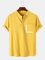 Men's Pocket Patchwork Solid Henley Collar Short Sleeve Shirts