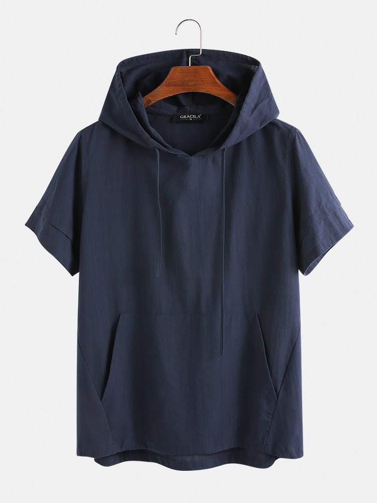 12d64f29-8699-4613-9f13-86483995f12c Men's 100% Cotton Drawstring Hooded Short Sleeve Breathable T-shirts - Image 1