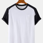 Men's Patchwork Cotton Crew Neck Loose Casual Short Sleeve T-Shirts With Pocket