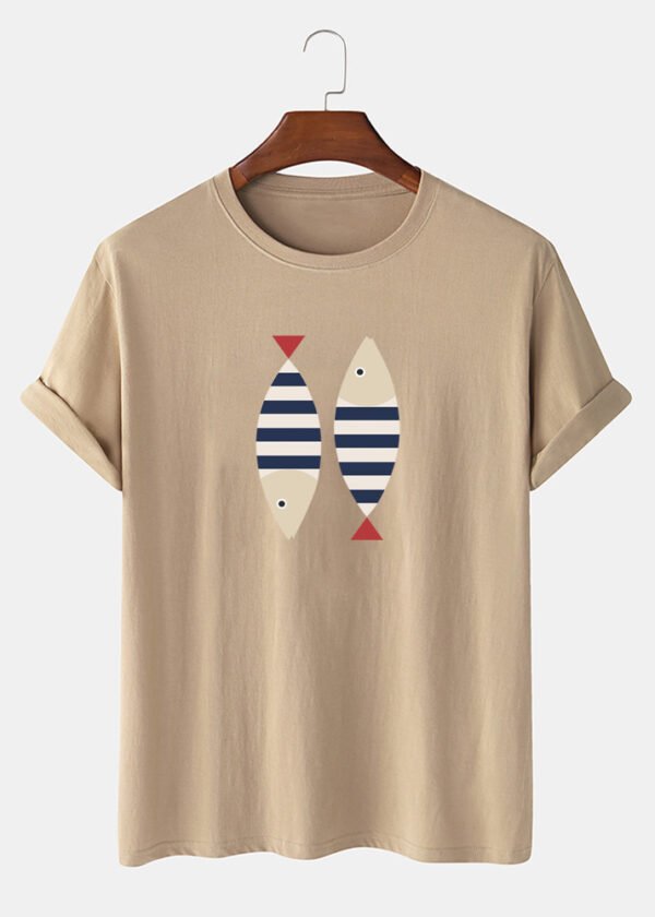 100% Cotton Cartoon Stripe Fish Print Simple Short Sleeve T-Shirts