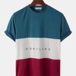 Men's Letter Print Colorblock Stitching Short Sleeve Preppy T-Shirts