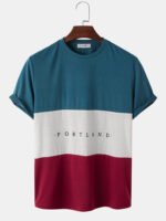 Men's Letter Print Colorblock Stitching Short Sleeve Preppy T-Shirts