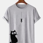 100% Cotton Cartoon Cat Print Round Loose Neck Short Sleeve T-Shirts