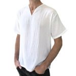 Men’s Cotton Breathable V-neck Loose Fit T-Shirts Casual Solid Color Short Sleeve Tops