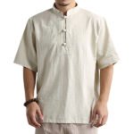 Men’s Stand Collar Solid Color Loose T-Shirts Vintage Chinese Style Casual Buttons Tops