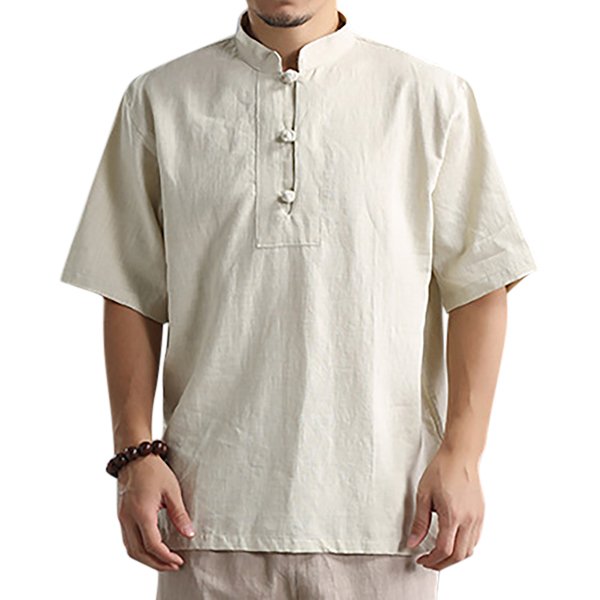 Men’s Stand Collar Solid Color Loose T-Shirts Vintage Chinese Style Casual Buttons Tops