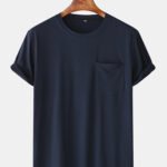 Men Casual Loose Solid Color Patchwork Pocket Crew Neck Short Sleeve T-Shirts
