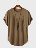 Men's Japanese Letter Print Curved Hem Casual Short Sleeve T-Shirts