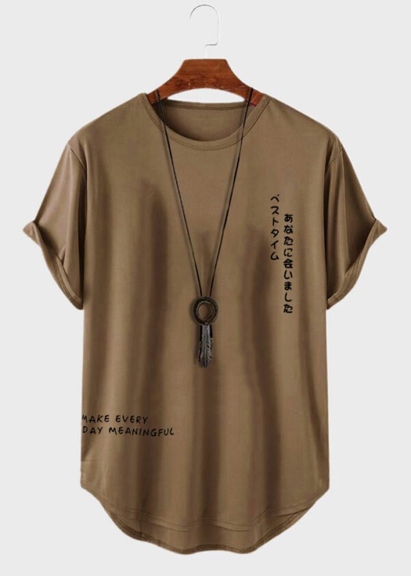 Men's Japanese Letter Print Curved Hem Casual Short Sleeve T-Shirts