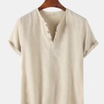 Men's Cotton Solid Henley Collar Short Sleeve Shirts