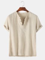 Men's Cotton Solid Henley Collar Short Sleeve Shirts