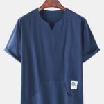 Solid Color Pocket V-Veck Ethnic Style Short Sleeve T-Shirts