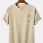 Men's Cartoon Cat Solid Color Loose Light Casual Round Neck T-Shirts