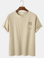 Men's Cartoon Cat Solid Color Loose Light Casual Round Neck T-Shirts