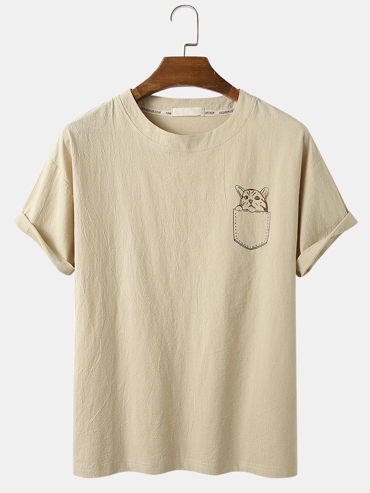 ca5f5621-f301-4fa9-9c50-dba621fe843c Men's Cartoon Cat Solid Color Loose Light Casual Round Neck T-Shirts - Image 1