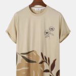 Men Flower & Leaf Print Crew Neck Casual Short Sleeve T-Shirts