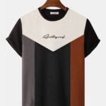 Men's Color Block Patchwork Letter Embroidered Knitted Short Sleeve T-Shirts