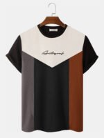 Men's Color Block Patchwork Letter Embroidered Knitted Short Sleeve T-Shirts