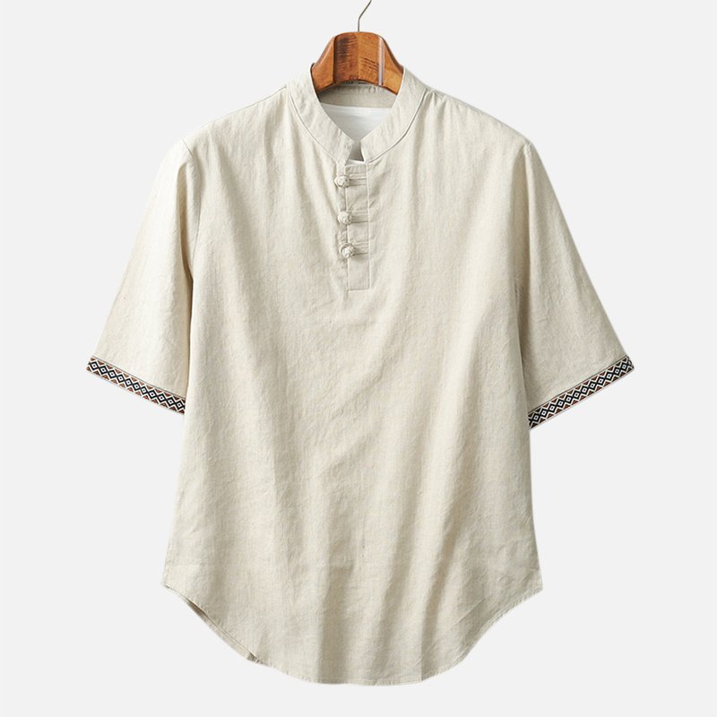 d72fd61c-aa4f-4030-a799-15a59db581d1 Men's Vintage Loose Buttons Stand Collar Short Sleeve Casual T-shirts - Image 1