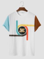 Men's Colorful Striped Letter Print Patchwork Casual Short Sleeve T-Shirts