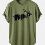 Christmas Men's Design Elk Print Curved Hem Short Sleeve T-Shirts